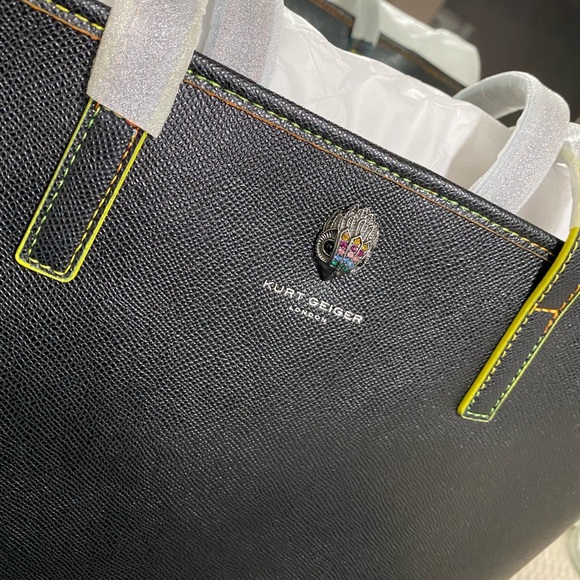KURT GEIGER LONDON Richmond Shopper Black Tote Bag With Rainbow Lined Stitching - Picture 3 of 9